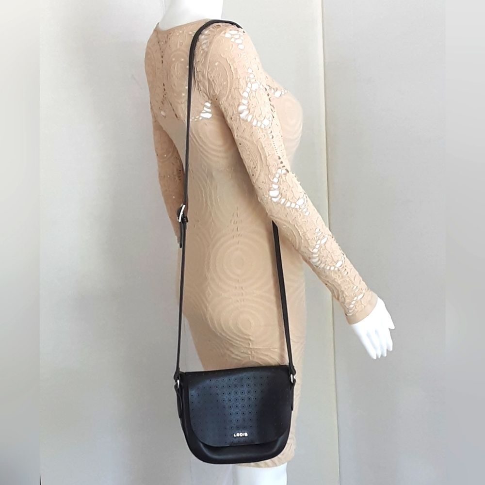 LODIS Black Smooth Leather Perforated Flap Crossbody Bag